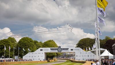 The Red Arrows acrobatic team flies over Goodwood at the 2021 event. Photo: Goodwood Festival of Speed