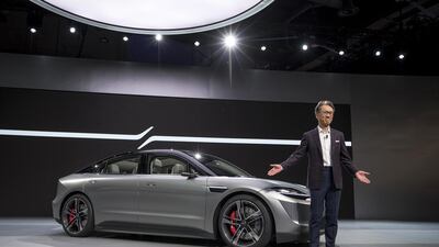 Kenichiro Yoshida, president and chief executive of Sony, unveiled a concept car during a press event at CES 2020 in Las Vegas. Bloomberg