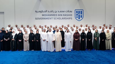 Sheikh Mohammed bin Rashid, Vice President and Ruler of Dubai, and Sheikh Hamdan bin Mohammed, Crown Prince of Dubai, Deputy Prime Minister and Minister of Defence, with the first cohort of participants. Photo: Wam