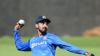 KL Rahul throws a ball during a training session at the Narendra Modi Stadium in Motera. AFP
