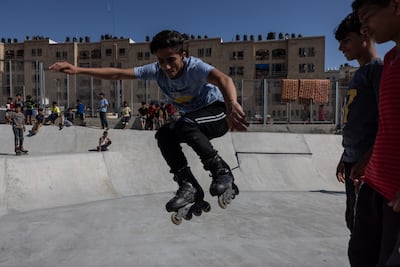 A rollerblader practising stunts at a northern Gaza skate park in June 2021. Now chlldren hang out in the streets. Stefanie Glinski for The National