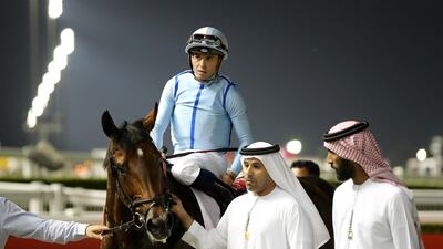 Mickael Barzalona after guiding Matterhorn to victory in the Al Maktoum Challenge at Meydan on Saturday. Pawan Singh / The National