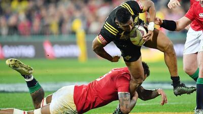 Julian Savea of the Hurricanes is tackled. Getty Images