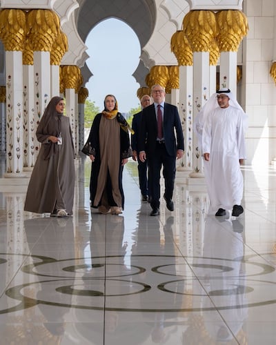 Anthony Albanese and his partner Jodie Haydon visit Sheikh Zayed Grand Mosque. Photo: Anthony Albanese / X
