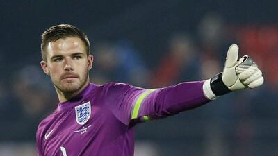 England’s Jack Butland celebrates at the end of their Euro 2016 qualifying win over Lithuania on Monday night. Carl Recine / Action Images / Reuters