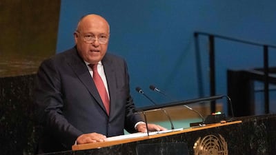 Egypt’s Minister for Foreign Affairs, Sameh Shoukry, addresses the UN General Assembly on Saturday. AFP