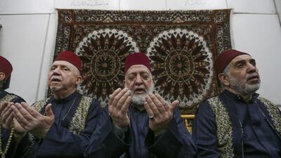 Muezzins recite the azan or call to prayer in unison using a technique of group recital known as Al Jawq, at the Umayyad Mosque in the ancient quarters of Damascus. AFP