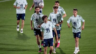 Spain's under-21 squad attend a training session in Madrid ahead of a friendly against Lithuania. The U21s have stepped in to replace the senior squad, who are in isolation following the postivie Covid-19 test of captain Sergio Busquets on Sunday. EPA