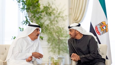 President Sheikh Mohamed with Sheikh Saud bin Rashid Al Mualla, UAE Supreme Council member and Ruler of Umm Al Quwain, on Tuesday. Photo: Ryan Carter / Presidential Court