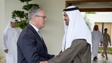 President Sheikh Mohamed receives UK Prime Minister Keir Starmer in Abu Dhabi. Omar Al Askar / UAE Presidential Court