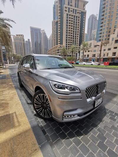 The 2022 Lincoln Aviator is equipped with a driver-assistance package that includes front, rear and side parking sensors. Damien Reid for The National