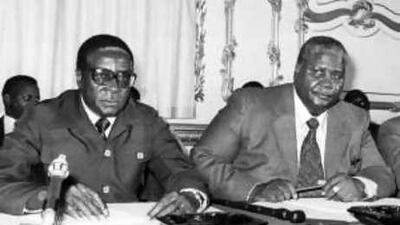 Who's the boss? Mugabe at a 1979 press conference in London with the nationalist leader Joshua Nkomo, whom he would later force into exile.