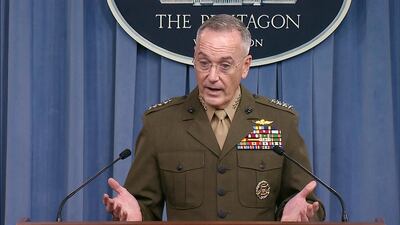 Gen Joseph Dunford is seen in a frame grab from a US Department of Defence video as he speaks to the media about the deaths of four US army special operations forces soldiers in Niger during a news conference about the attack at the Pentagon in Washington, US on October 23, 2017. Reuters
