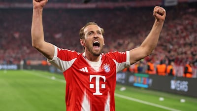 MUNICH, GERMANY - APRIL 15: Harry Kane of FC Bayern Munich celebrates victory after the UEFA Champions League 2025/26 Quarter-Final Second Leg match between FC Bayern MĂ¼nchen and Real Madrid CF at Football Arena Munich on April 15, 2026 in Munich, Germany. (Photo by Adam Pretty / Getty Images)