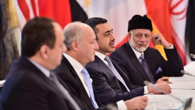 UAE Foreign Minister Sheikh Abdullah bin Zayed Al Nahyan speaks during multilateral peace talks on Syria in the Austrian capital of Vienna on October 30. 2015. Wam