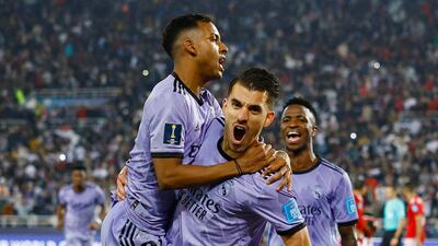 Real Madrid's Rodrygo celebrates scoring their third goal with Dani Ceballos in the 4-1 Club World Cup semi-final win against Al Ahly at Prince Moulay Abdellah Stadium, Rabat, Morocco on February 8, 2023, Reuters