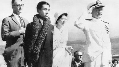 In this Sept. 22, 1960, photo, Japanese Crown Prince Akihito and wife Princess Michiko arrive at the Honolulu Airport on the first leg of a tour of the USA. From left, Hawaii Governor William F. Quinn, Akihito, Princess Michiko and Admiral Harry D. Felt, U.S Pacific Commander. When he abdicates April 30, 2019, Akihito will become the first emperor in Japan’s modern history to see his era end without ever having a war. AP