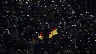 Fans of Germany watch the women’s Beach Volleyball Final match of the Rio 2016 Olympic Games between Ludwig/Walkenhorst of Germany and Agatha/Barbara of Brazil at the Beach Volleyball Arena on Copacabana Beach in Rio de Janeiro, Brazil. Orlando Barria / EPA