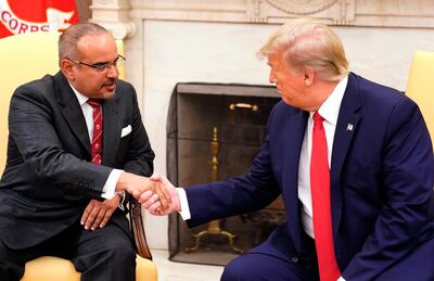 The US President shakes hands with Bahrain's Crown Prince Salman bin Hamad Al Khalifa. EPA