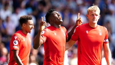 Nottingham Forest's Taiwo Awoniyi (c) celebrates scoring in the 1-0 Premier League victory against West Ham on August 14. PA