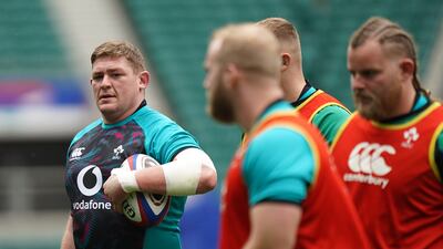 Ireland prop Tadhg Furlong, left, during a training session at Twickenham. PA