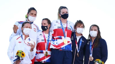 Silver medalists Agnieszka Skrzypulec and Jolanta Ogar of Team Poland, gold medalists Hannah Mills and Eilidh McIntyre of Team Great Britain, and bronze medalists Camille Lecointre and Aloise Retornaz of Team France pose with their medals for the Women's 470 class.