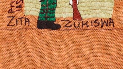 Made by Zita Zukiswa, this detail shows a soldier from the 74th Highlanders, in 1851.