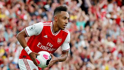 Arsenal's Pierre-Emerick Aubameyang celebrates scoring their second goal. Reuters