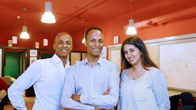 From left: Madad founders Sameh Awad, Hazem Saleh and Heba Baghat say their platform allows donors to not only send their funding directly to specific projects but also to track the execution of their donation. Dana Smillie for The National