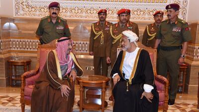 Oman's newly sworn-in Sultan Haitham bin Tariq al-Said receives condolences from Kuwait's Emir Sheikh Sabah Al-Ahmad Al- Jaber Al-Sabah, in Muscat, Oman. Reuters
