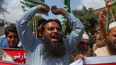 A supporter of the Pakistan Murkazi Muslim League party chants at a demonstration against the suspension of a water-sharing treaty between India with Pakistan, in Peshawar. AP