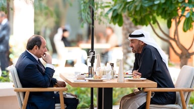 ABU DHABI, UNITED ARAB EMIRATES - February 09, 2026: HH Sheikh Mohamed bin Zayed Al Nahyan, President of the United Arab Emirates (R), meets with HE Abdel Fattah El Sisi, President of Egypt (L), at Masdar City. ( Abdulla Al Bedwawi / UAE Presidential Court ) ---