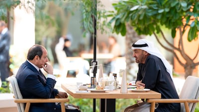 President Sheikh Mohamed in talks with Abdel Fattah El Sisi, President of Egypt, at Masdar City. The two men stressed the importance of progressing with the ceasefire agreement in the Gaza Strip. All photos: UAE Presidential Court