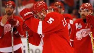 Detroit's Nicklas Lindstrom bows his head after losing Game 7 of the Stanley Cup finals in June.