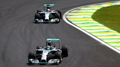 Brazilian Grand Prix, November 9. Rosberg, on pole after being fastest in every practice session, ended Hamilton’s run of five wins in a row with his fifth of the season in a record 11th one-two for Mercedes. Hamilton finished 1.4 seconds behind. Points: Hamilton 334, Rosberg 317. (Photo: Dan Istitene / Getty Images)