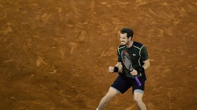 Andy Murray celebrates during his win in the Madrid Masters quarter-finals against Milos Raonic. He reached the final on Saturday night. Pierre-Philippe Marcou / AFP / May 8, 2015