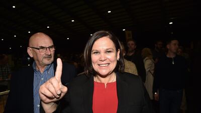 Sinn Fein leader Mary Lou McDonald celebrates with her supporters after being elected at the RDS Count centre on February 9, 2020 in Dublin, Ireland. Getty Images
