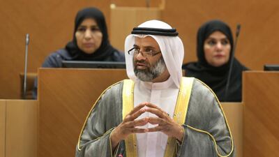 Hamad Al Rahoomi, a representative of Dubai, addresses FNC members during the Federal National Council (FNC) meeting held in Abu Dhabi. Delores Johnson / The National