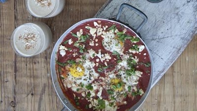 Baked eggs with feta and zaatar; quinoa with dates; and oat and almond smoothie. Photo by Scott Price