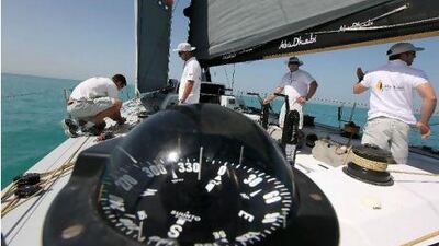 ABU DHABI, UNITED ARAB EMIRATES - Mar 9,2011: Crew members of the Volvo Race team during the practice near the Abu Dhabi Marine Sports Club in Abu Dhabi. (Pawan Singh / The National) For Sports Stock