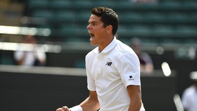 Milos Raonic of Canada celebrates his win in the Wimbledon quarter-finals over Sam Querrey on Wednesday. Shaun Botterill / Getty Images / July 6, 2016