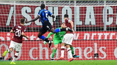 Inter Milan's Belgian forward Romelu Lukaku scores a header to make it 2-0. AFP