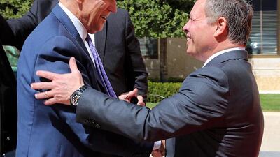 King Abdullah II of Jordan greeting US vice president Joe Biden upon his arrival at Al Husseinia Palace in Amman, Jordan on March 10. 2016. EPA/Jordan news agency handout