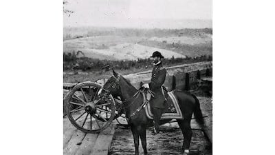 Gen. William T. Sherman shown on horseback at Federal Fort No. 7 in Atlanta, Ga., in September 1864.