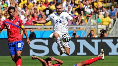 England's defender Luke Shaw, in air, in action during a Group D match against Costa Rica on Tuesday at the 2014 World Cup in Belo Horizonte, Brazil. Ronaldo Schemidt / AFP