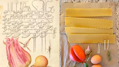 A recreated Joris Hoefnagel illustration by the Martinez family on Twitter using lasagna sheets, matches, produce and paper bag. Courtesy The Getty Museum