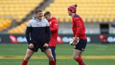 Jonathan Sexton, right, looks on with Owen Farrell during the British & Irish Lions kicking session at Westpac Stadium on June 30, 2017 in Wellington, New Zealand. David Rogers / Getty Images