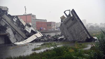 A large section of the Morandi viaduct upon which the A10 motorway runs collapsed in Genoa. EPA
