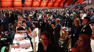 Audience members and delgates cheers after the adoption of a historic global warming pact at the COP21 Climate Conference in Le Bourget, north of Paris, on December 12, 2015. Francois Guillot / AFP