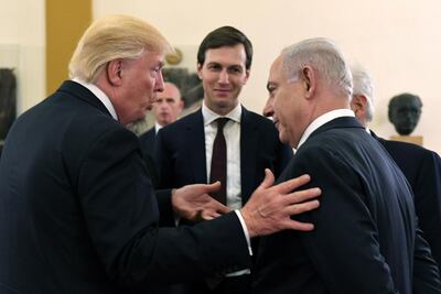 Then US president Donald Trump and Jared Kushner with Israeli Prime Minister Benjamin Netanyahu in Jerusalem. Getty Images